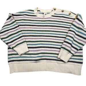 St Johns Bay 2X Coastal Striped Knit Sweater Button Shoulder Purple‎ White Green